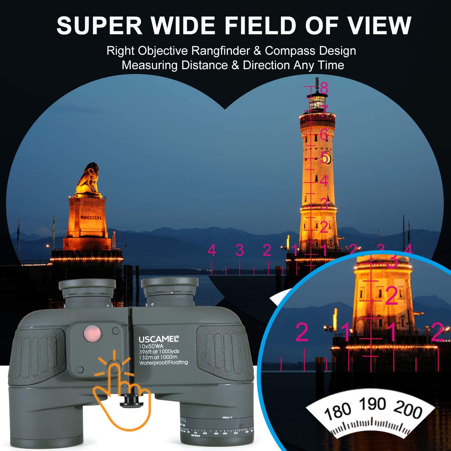 Uscamel 10X50 Marine Binoculars For Adults With Rangefinder Compass, Waterproof Marine Binoculars For Sailing Boating Fishing